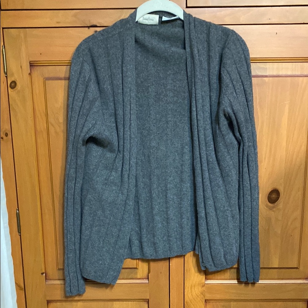 Neiman Marcus Gray Cardigan Sweater with High Collar and Long Sleeves